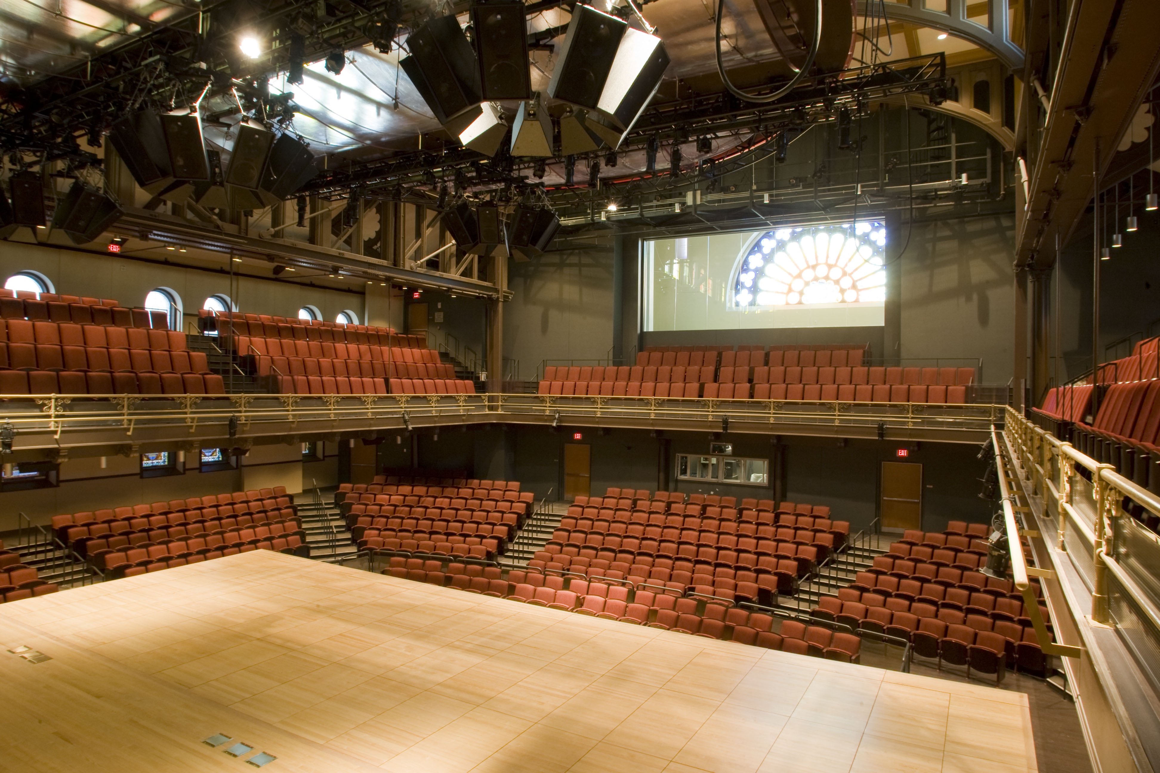 Interior photo of Lew Klein Hall, view from stage looking towards seating