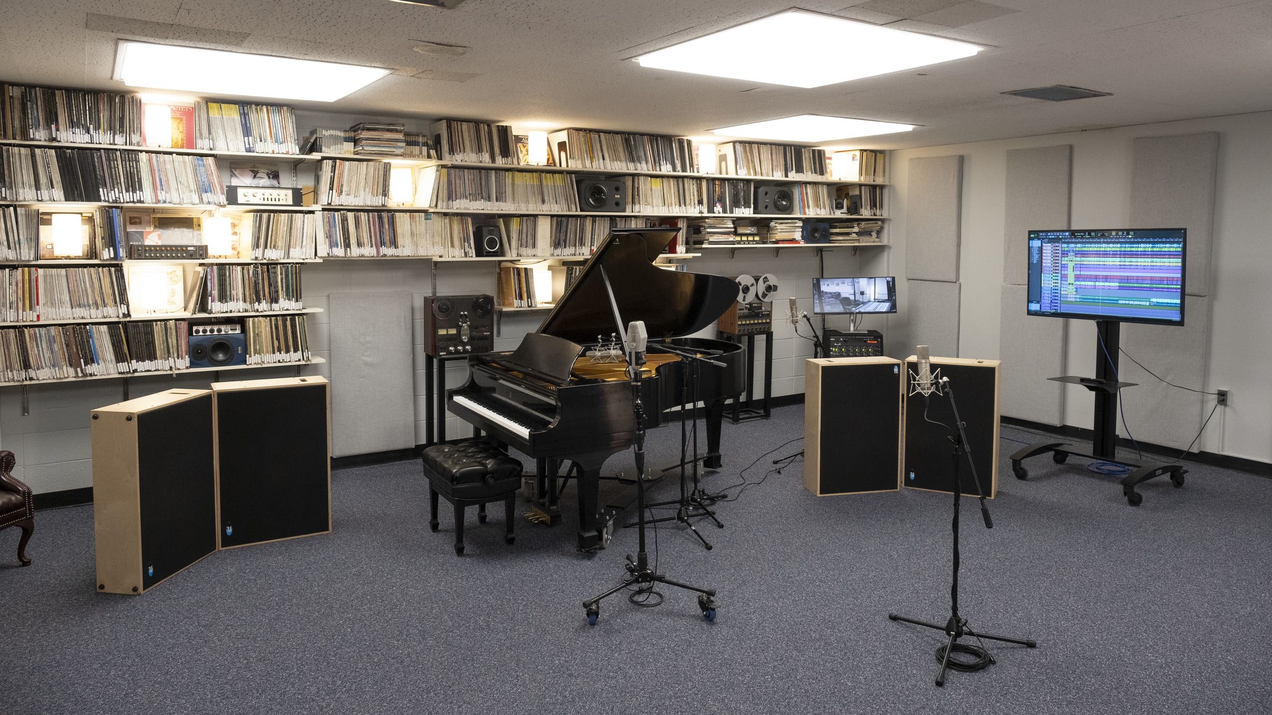 Recording studio set up for piano and mics