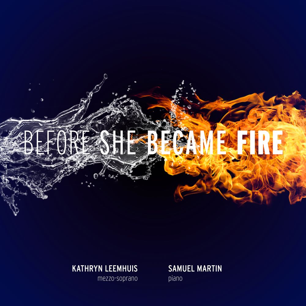 Dark album cover with water splashing from the left and fire from the right overlaid with the title "Before She Became Fire"