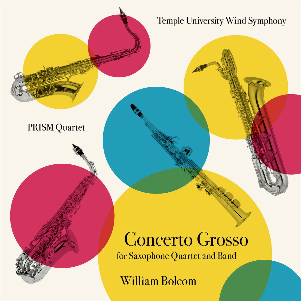 Concerto Grosso album cover, colorful circles and saxophones on a white background