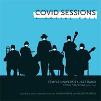 Album cover in blue, black and white, featuring six silhouetted musicians holding instruments and wearing face masks.