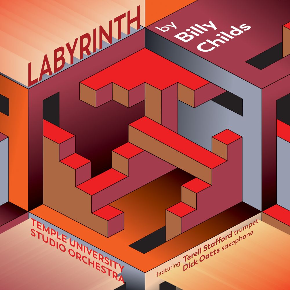 Album cover featuring an abstract optical illusion in warm tones with the title Labyrinth by Billy Childs