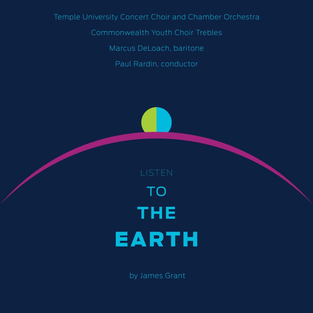 Graphic featuring a green and blue circle cresting over a purple arc over a dark background with the title "Listen to the Earth"