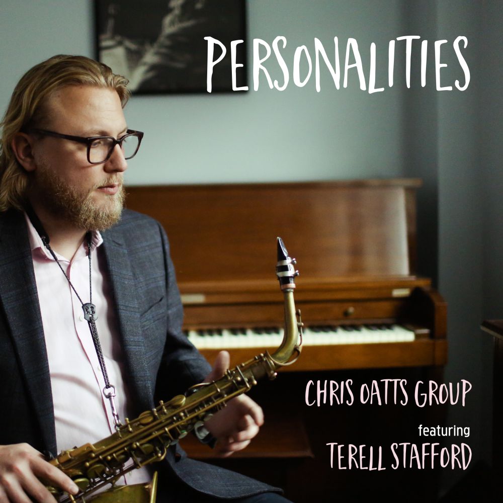 Personalities album cover featuring man in blue suit and classes holding saxophone while sitting in front of a brown upright piano