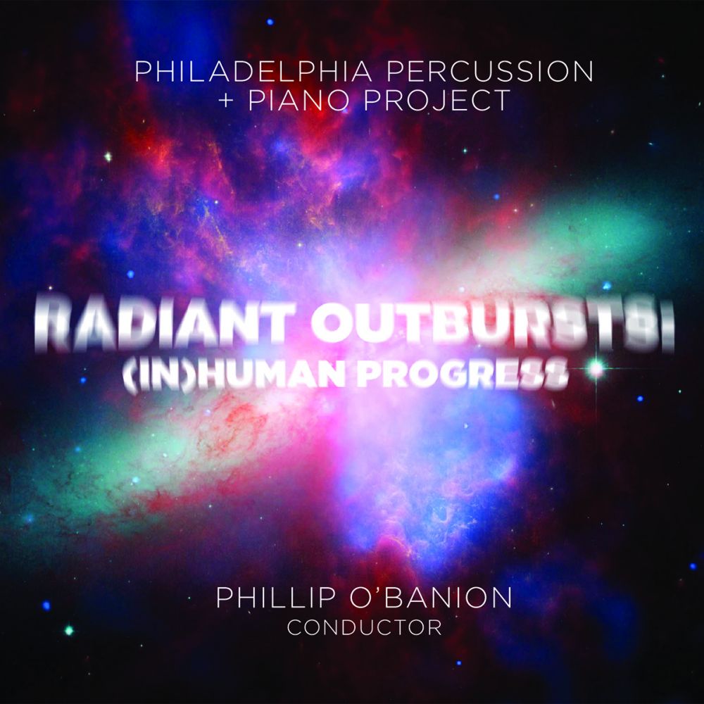 Blurred text reading "Radiant Outbursts: (In)Human Progress" overlaid over an image of a nebula
