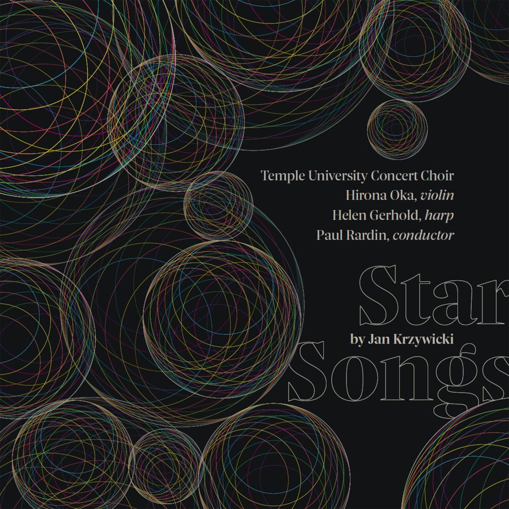 Album graphic featuring thin circles representing colorful orbs on a black background with the title "StarSongs."