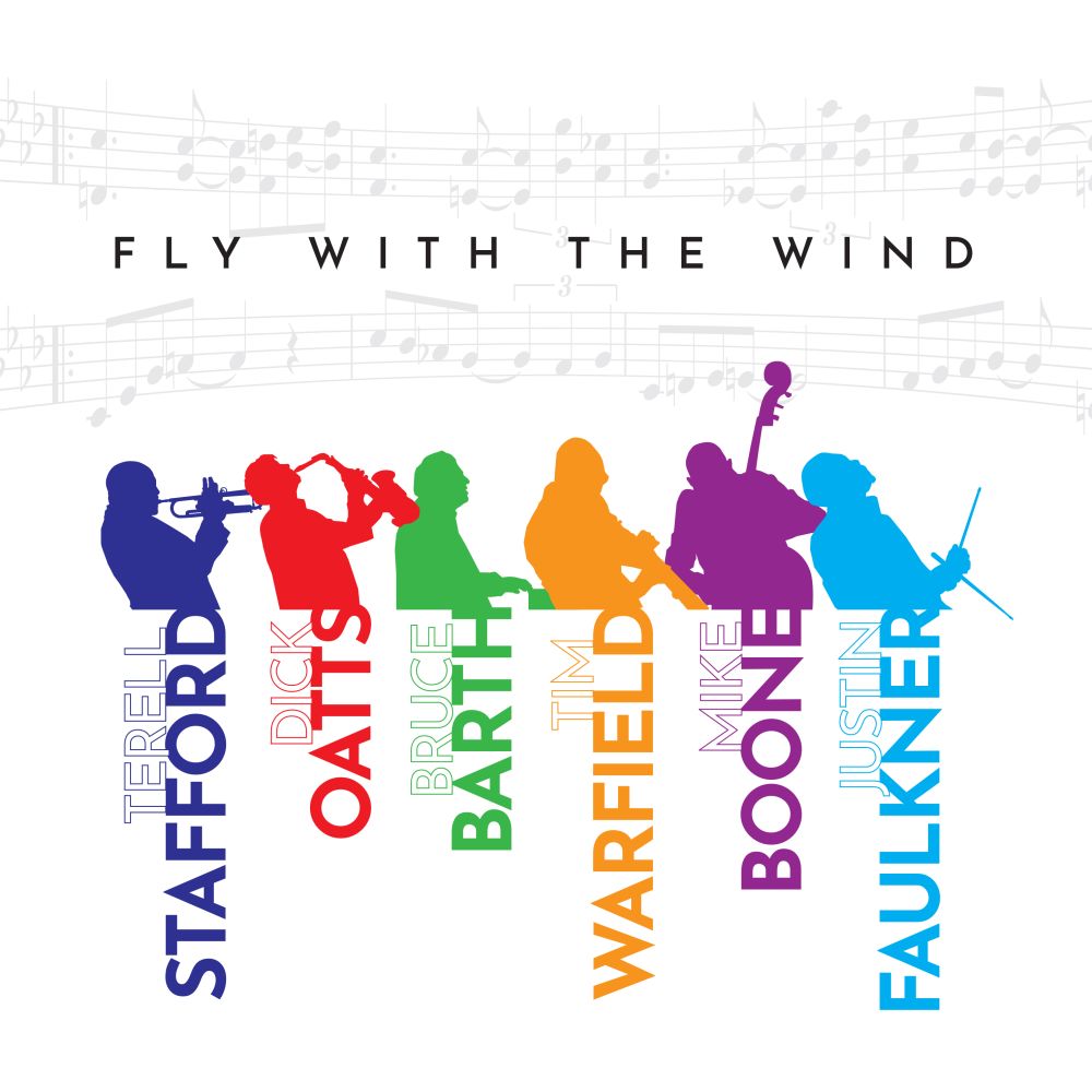Album cover featuring multicolored silhouettes of six jazz musicians and light grey music notes overlaid with the album title "Fly With the Wind."