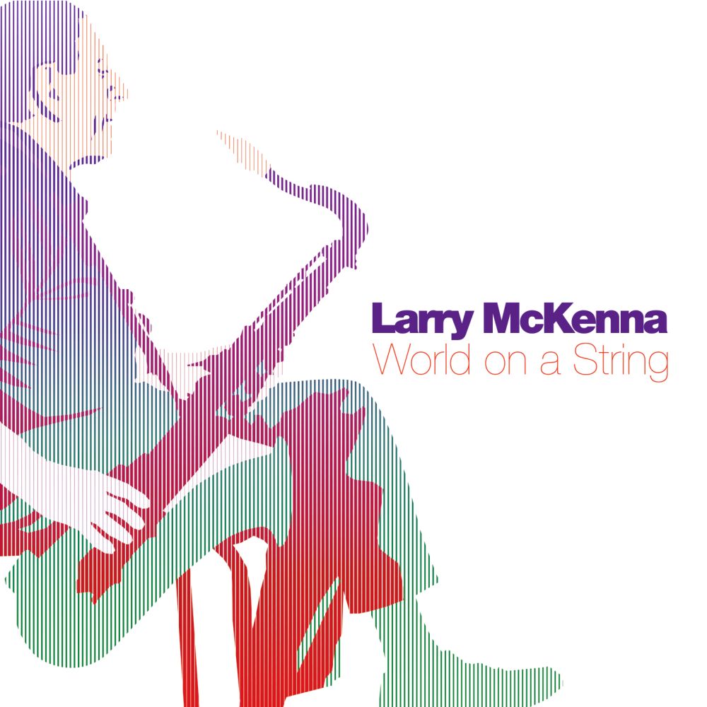 album artwork featuring multicolored lines creating the figure of a man sitting in chair holding a baritone saxophone