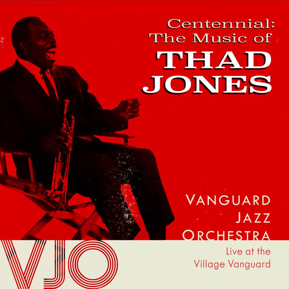 Album cover image for the live album "Centennial" featuring an image of Thad Jones in black on a red background.