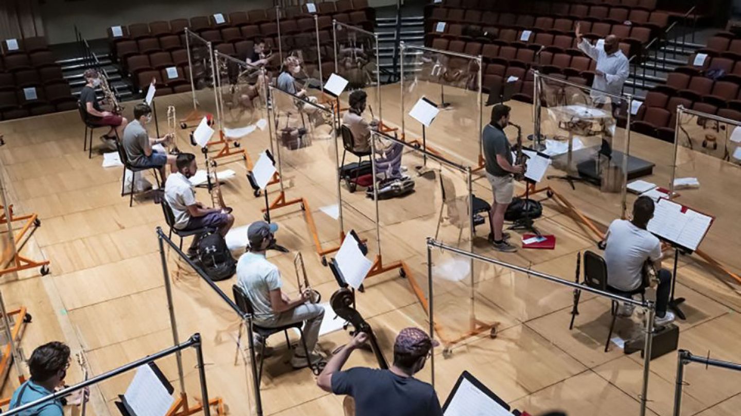 Terell Stafford conducts the Temple University Jazz Band’s first post-COVID rehearsal Socially-distance jazz band rehearsal