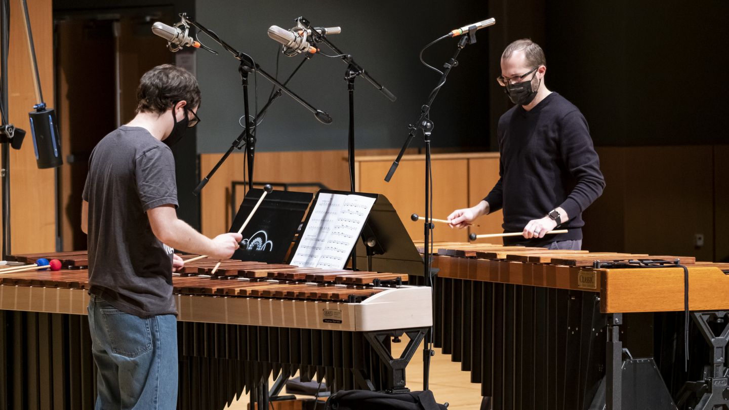 Philadelphia Percussion + Piano Project members record on stage at Temple Performing Arts Center