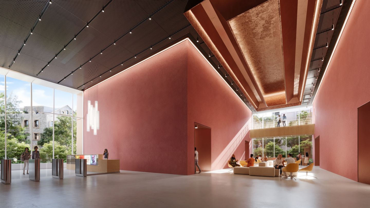 Rendering of theater building lobby