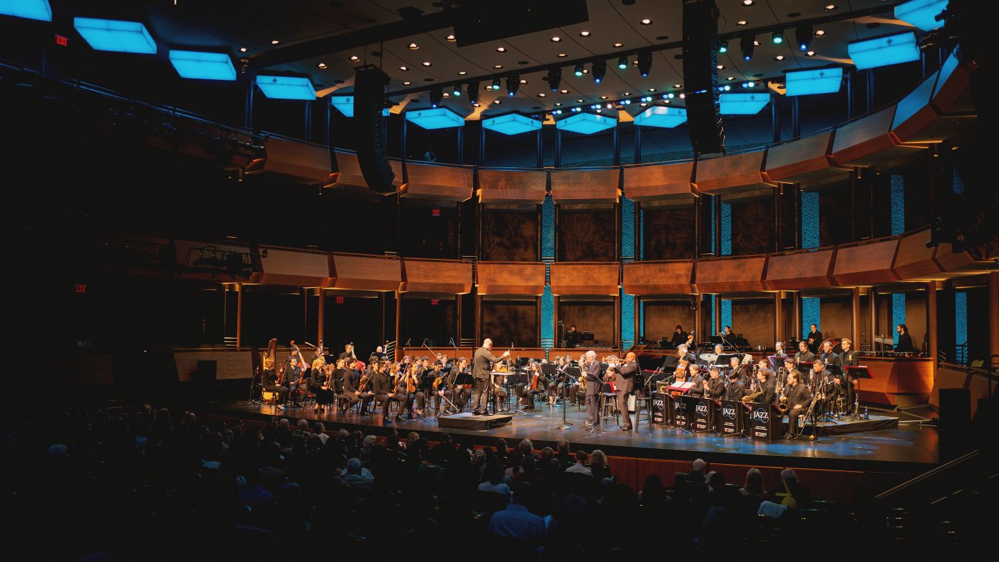 Orchestra performing in Jazz at Lincoln Center Rose Theater